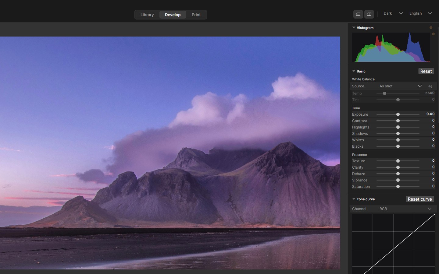 The Develop module: a photograph open beside the histogram, the Basic panel and the tone curve