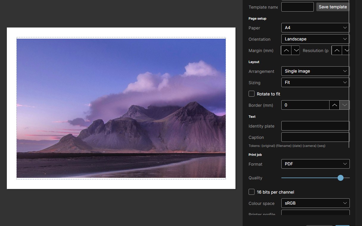 The Print module: a photograph laid out on an A4 sheet beside the page setup